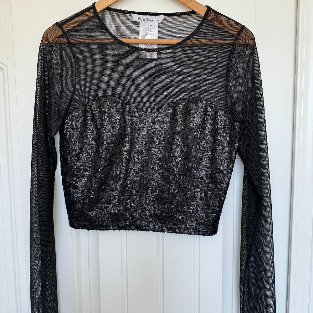 BCBGeneration Sequin Bustier Crop Long Sleeve Shear arms Size Medium